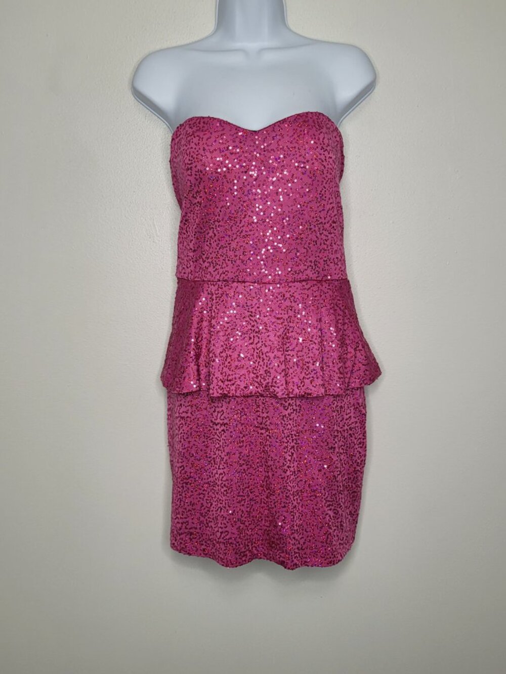 AS U WISH Pink Sequin Peplum Strapless Mini Dress Size XL Y2K Homecoming Party